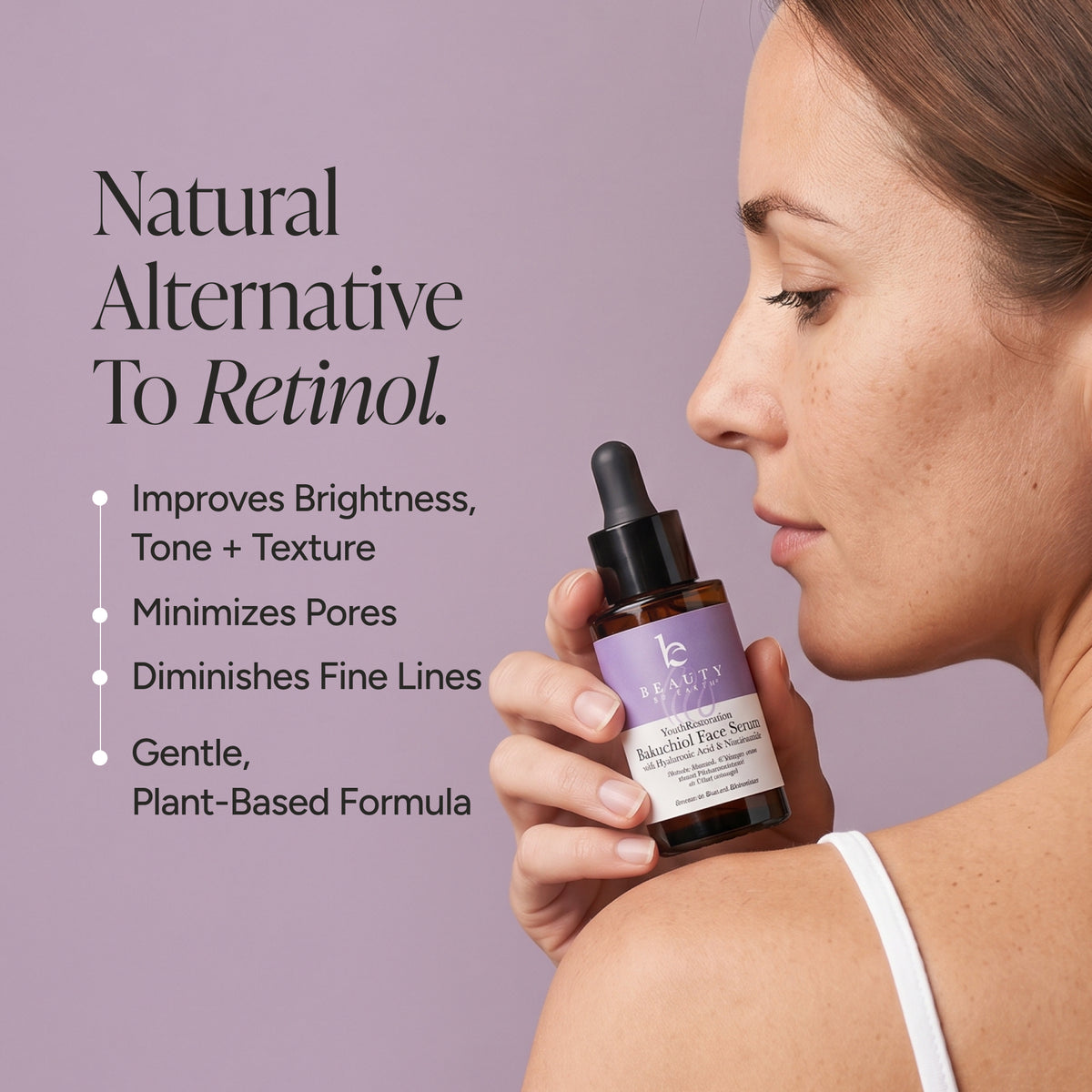 A woman in profile holds a small amber dropper bottle of Bakuchiol Serum against a muted lavender background with marketing text about retinol alternatives.