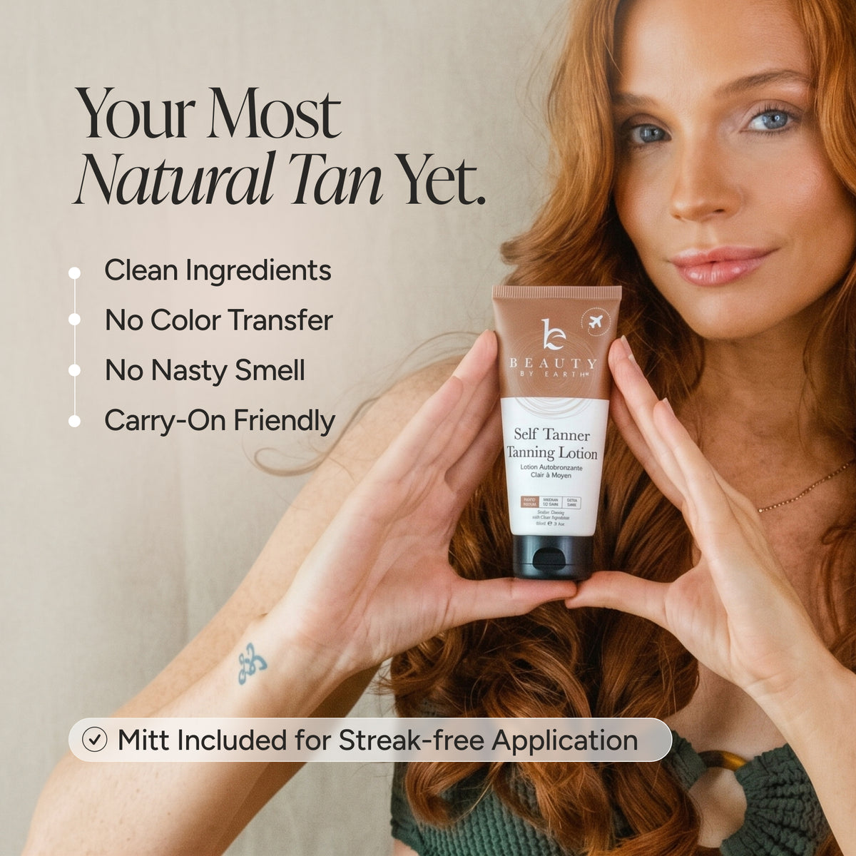 A woman holds a tube of Beauty by Earth Self Tanner Tanning Lotion against a neutral beige background, with promotional text highlighting clean ingredients, no color transfer, no nasty smell, carry-on friendly, and mitt included.