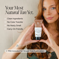 A woman holds a tube of Beauty by Earth Self Tanner Tanning Lotion against a neutral beige background, with promotional text highlighting clean ingredients, no color transfer, no nasty smell, carry-on friendly, and mitt included.