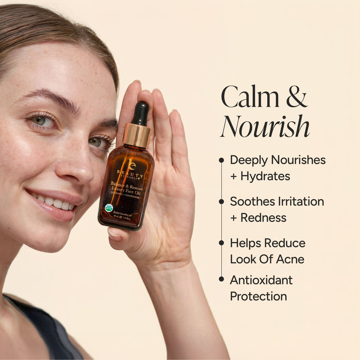 A woman holds a small amber dropper bottle against a warm beige background, with product benefits listed on the right.