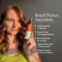 A woman holds a bottle of hair product against a dark gray background, with text on the right reading 'Beach Waves, Anywhere.' and bullet points about volume, texture, freshness from the beach waves, no stickiness, moisturized feel, and scent notes.