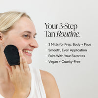 A smiling blonde woman applies a black mitt to her face while text on the right reads 'Your 3-Step Tan Routine' with bullet points about mitts for prep, body, and face, smooth even application, pairing with favorites, and vegan cruelty-free.