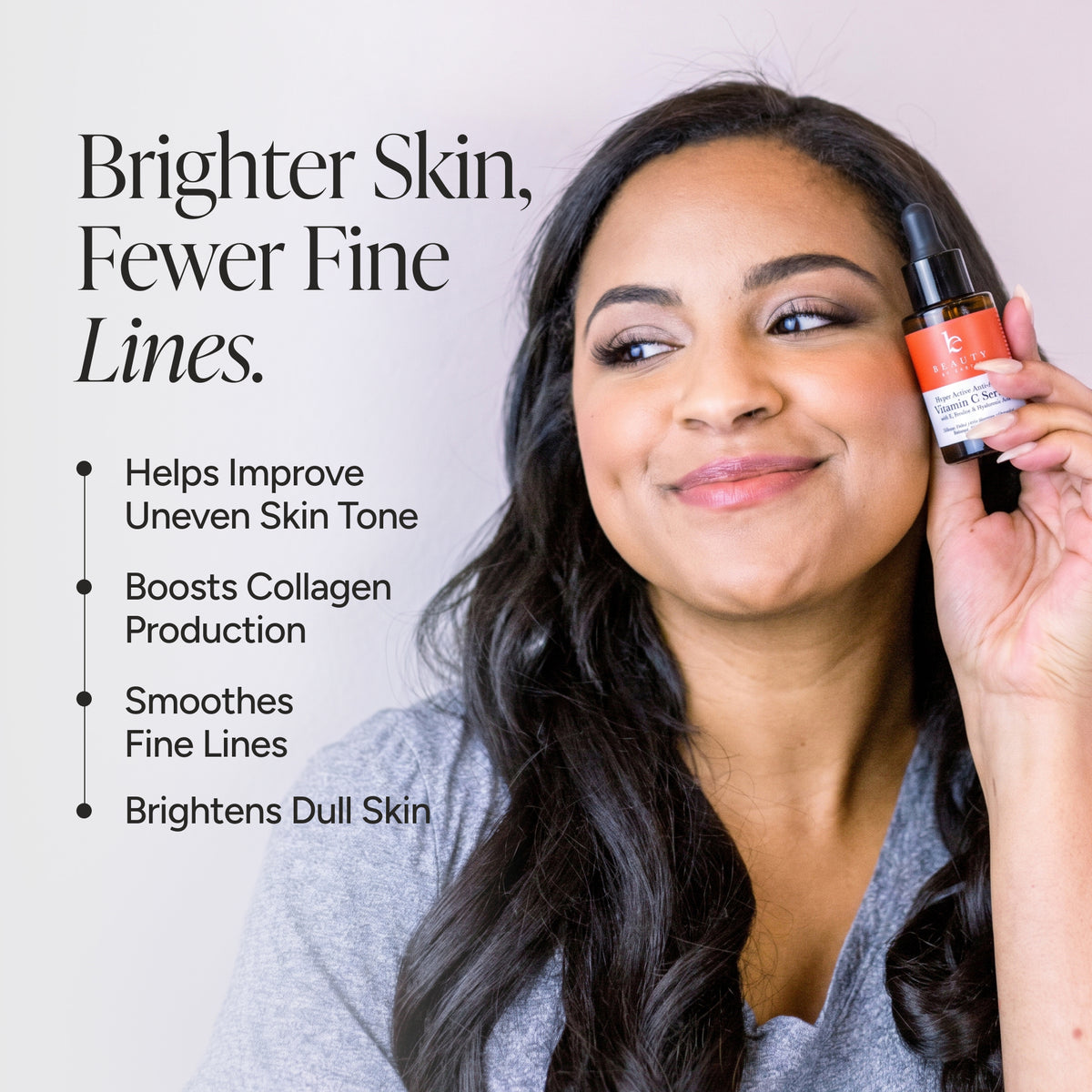 A woman holding a small amber dropper bottle next to text that reads 'Brighter Skin, Fewer Fine Lines' with bullet points about reducing uneven skin tone, boosting collagen production, smoothing fine lines, and brightening dull skin.