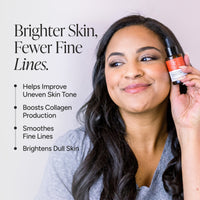A woman holding a small amber dropper bottle next to text that reads 'Brighter Skin, Fewer Fine Lines' with bullet points about reducing uneven skin tone, boosting collagen production, smoothing fine lines, and brightening dull skin.
