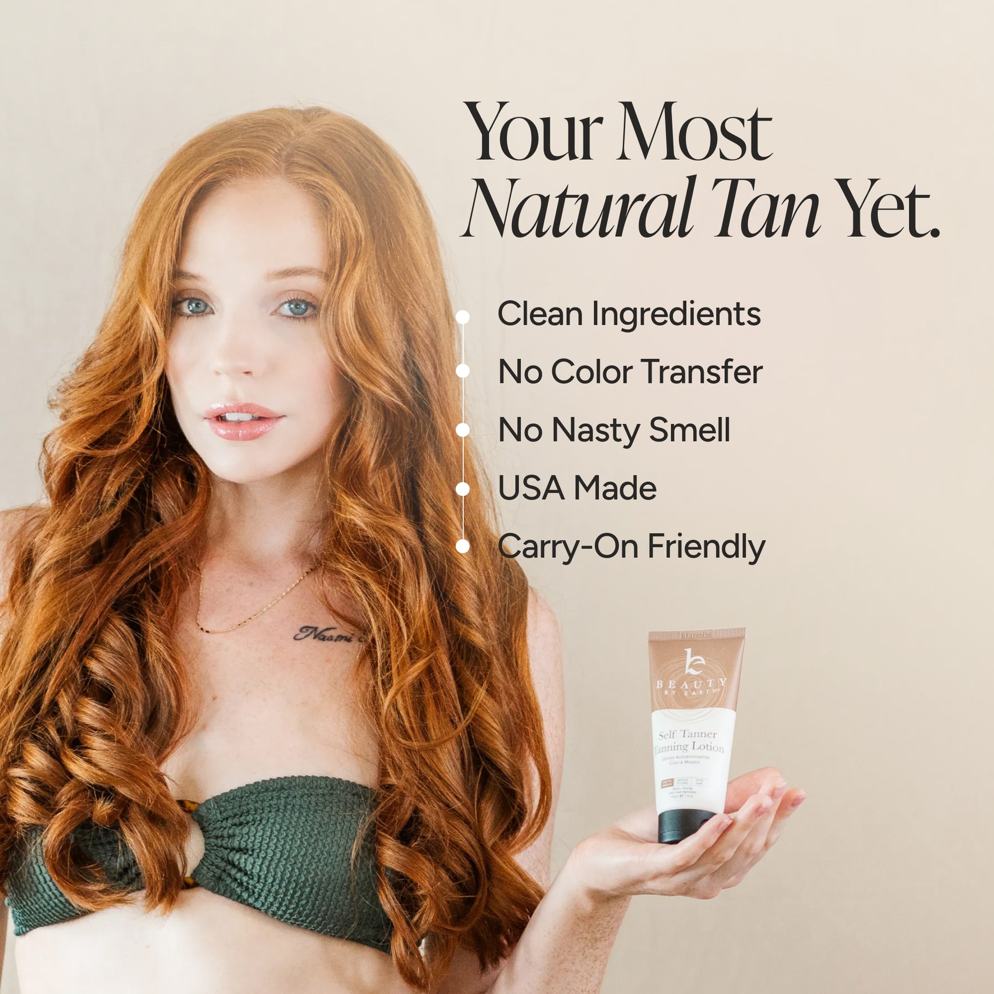 A woman with long wavy red hair holds a tube of Self Tanner Lotion against a beige background with promotional text.