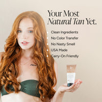 A woman with long wavy red hair holds a tube of Self Tanner Lotion against a beige background with promotional text.