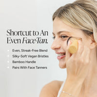 A woman applies tanner with a kabuki brush. Text on the left reads 'Shortcut to An Even Face-Tan.