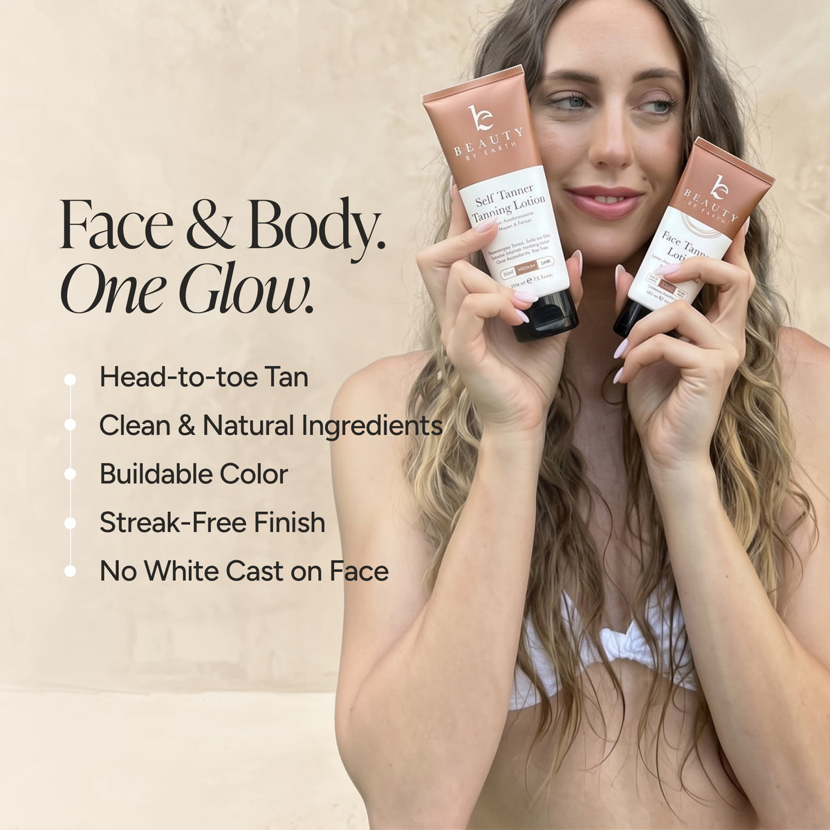 A woman holds two tubes of Beauty By Earth self tanners against a warm beige background with promotional text.
