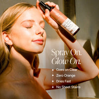 A woman with closed eyes holds a bottle of Body Spray with warm sunlight and text overlays reading 'Spray On. Glow On.