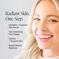 Promotional skincare graphic with a smiling blonde woman on the right and text on the left reading 'Radiant Skin, One Step.' followed by bullet points about hydrating, fast-absorbing, non-greasy, smoothing, and boosting natural radiance.