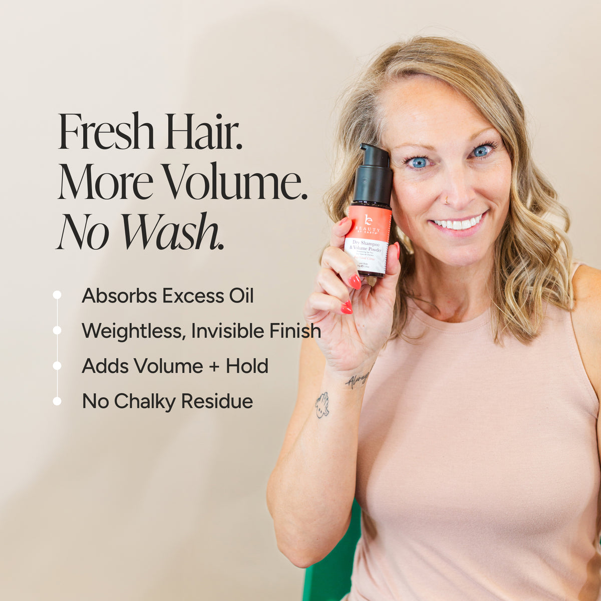 A woman holding a bottle of hair product next to text highlighting its benefits: 'Fresh Hair. More Volume.