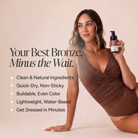 A woman in a brown swimsuit poses while holding a bottle of mousse. The image features promotional text on the left reading 'Your Best Bronze, Minus the wait