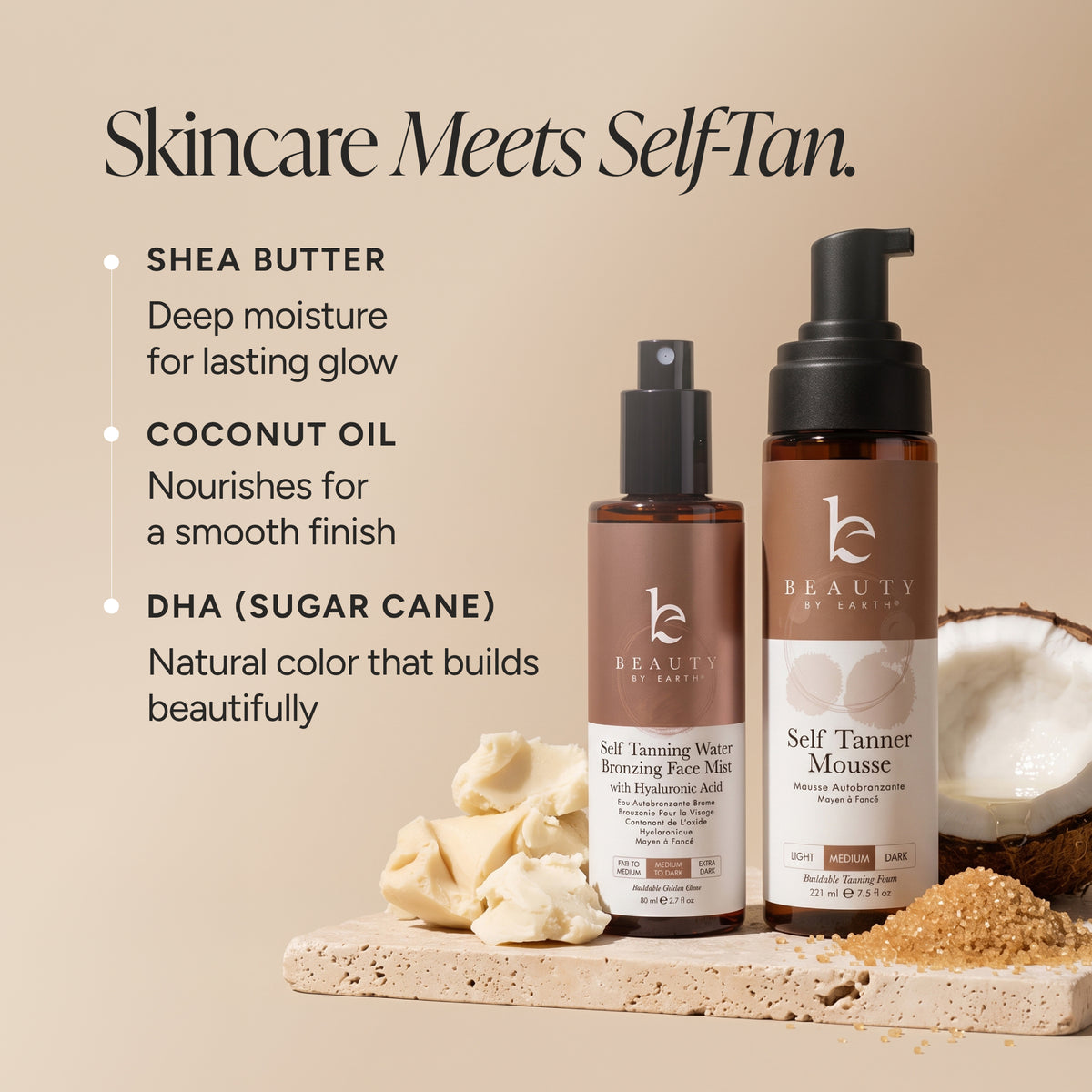 Self Tanning Water Breezing Face Mist and Self Tanner Mousse, displayed on a beige background with marketing text and natural ingredients like shea butter, coconut, and sugar cane.