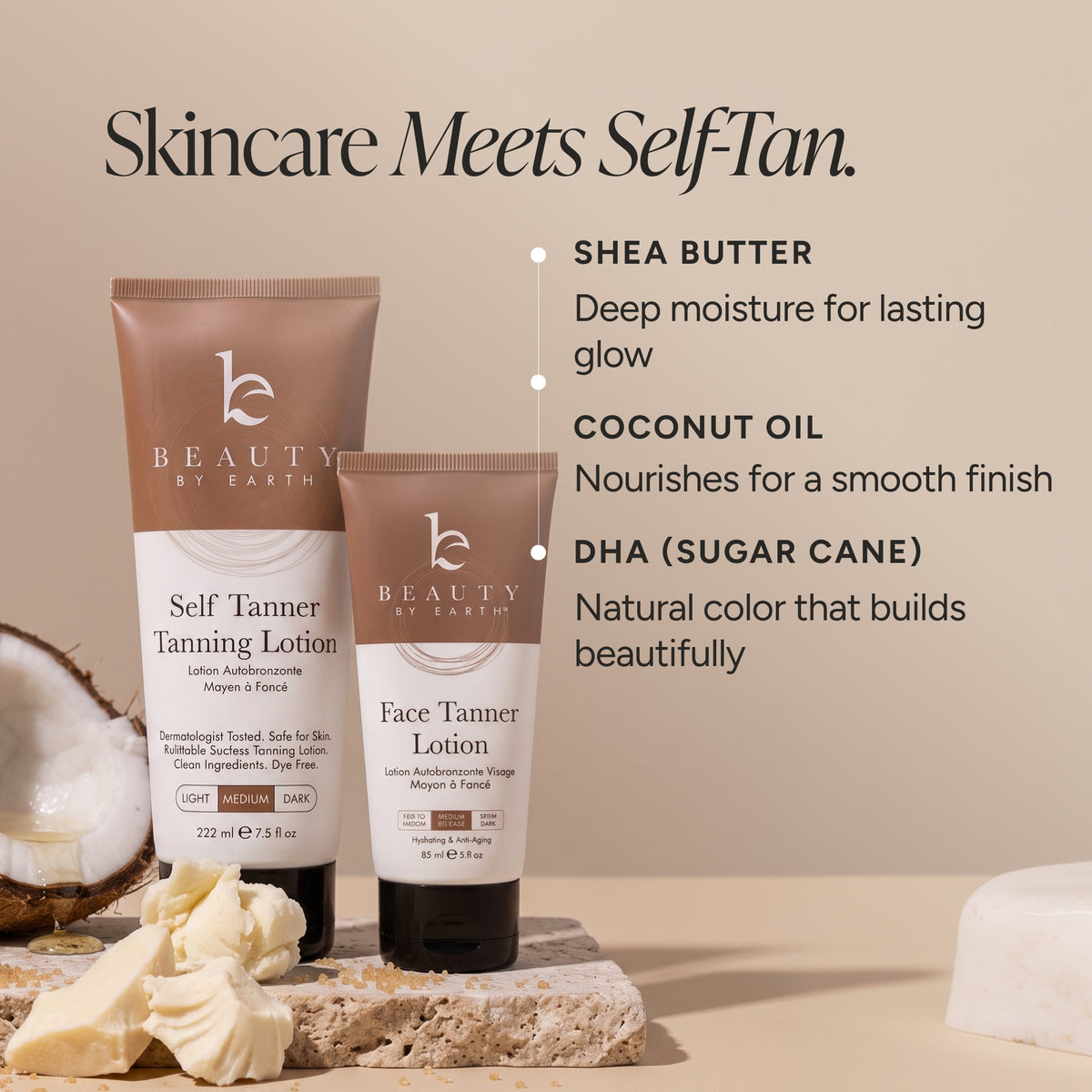 Beauty by Earth Self Tanner Tanning Lotion and Face Tanner Lotion tubes displayed on a beige background with text highlighting ingredients (shea butter, coconut oil, DHA) and decorative tanning stone, butter, and coconut props.