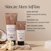 Beauty by Earth Self Tanner Tanning Lotion and Face Tanner Lotion tubes displayed on a beige background with text highlighting ingredients (shea butter, coconut oil, DHA) and decorative tanning stone, butter, and coconut props.