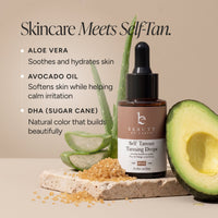 Beauty by Earth Self Tanner Tanning Drops bottle displayed with aloe vera, avocado, and sugar cane elements on a beige background with product text.