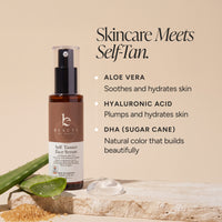 A bottle of Beauty by Earth 'Self Tanner Face Serum' stands on a stone slab with aloe vera leaves and a drop of serum beside it, against a warm beige background with product benefits text.