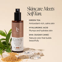 Beauty by Earth Self Tanning Water Bronzing Face Mist bottle on a beige background with text detailing its green tea, hyaluronic acid, and DHA ingredients, styled with green leaves, tan sugar crystals, and clear gel.