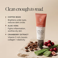 Beauty by Earth Coffee Bean Eye Cream tube displayed on a stone slab with coffee beans, aloe vera, and cranberries, with text describing key ingredients.