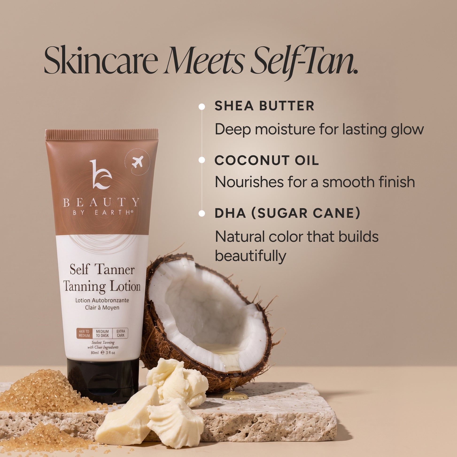Beauty by Earth Self Tanner Tanning Lotion tube displayed with a halved coconut, butter, and sugar on a stone slab against a warm beige background, with text highlighting shea butter, coconut oil, and DHA ingredients.
