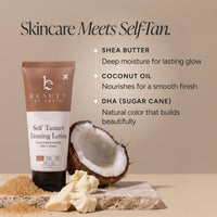 Beauty by Earth Self Tanner Tanning Lotion tube displayed with a halved coconut, butter, and sugar on a stone slab against a warm beige background, with text highlighting shea butter, coconut oil, and DHA ingredients.