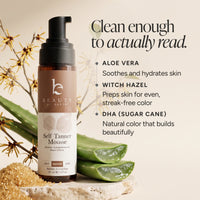 A bottle of Beauty by Earths Self Tanner Mousse displayed on a stone slab with aloe vera leaves and sand. The background is a warm beige with text detailing the ingredients (Aloe Vera, Witch Hazel, DHA (Sugarcane)) and a tagline 'Clean enough to actually read.