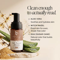 A bottle of Beauty by Earth Self Tanner Mousse shown on a warm beige background with aloe vera leaves and dried flowers. Text on the right lists ingredients: Aloe Vera, Witch Hazel, and DHA (sugar cane).