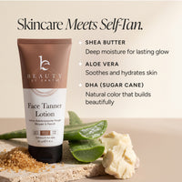Beauty by Earth Face Tanner Lotion in a brown and white squeeze tube, displayed with aloe vera slices, butter, and brown sugar on a stone surface next to text highlighting key ingredients.