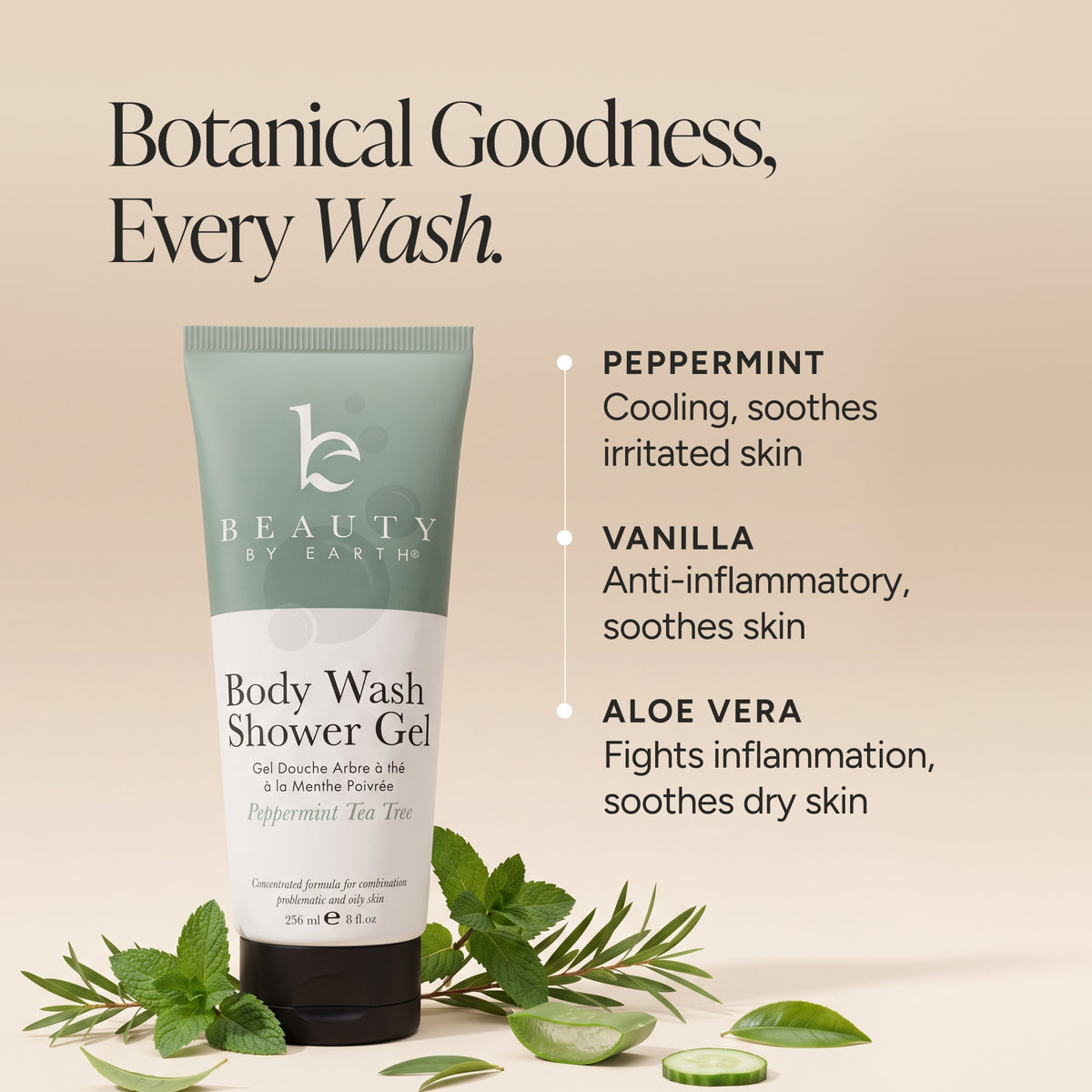 Beauty by Earth Peppermint Body Wash Shower Gel tube displayed on a warm beige background with botanical text and green mint and aloe leaves. Product details list peppermint, vanilla, and aloe vera benefits.