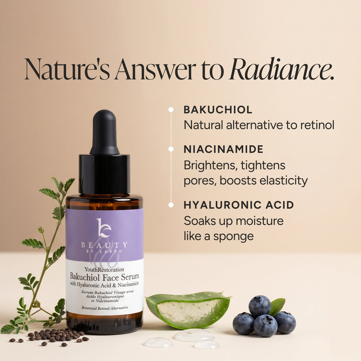 Beauty by Earth Bakuchiol Face Serum in an amber dropper bottle with a purple label, styled on a beige background with skincare text, aloe vera, blueberries, and botanical elements.