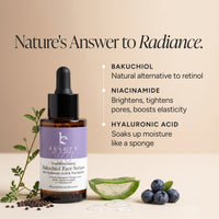 Beauty by Earth Bakuchiol Face Serum in an amber dropper bottle with a purple label, styled on a beige background with skincare text, aloe vera, blueberries, and botanical elements.