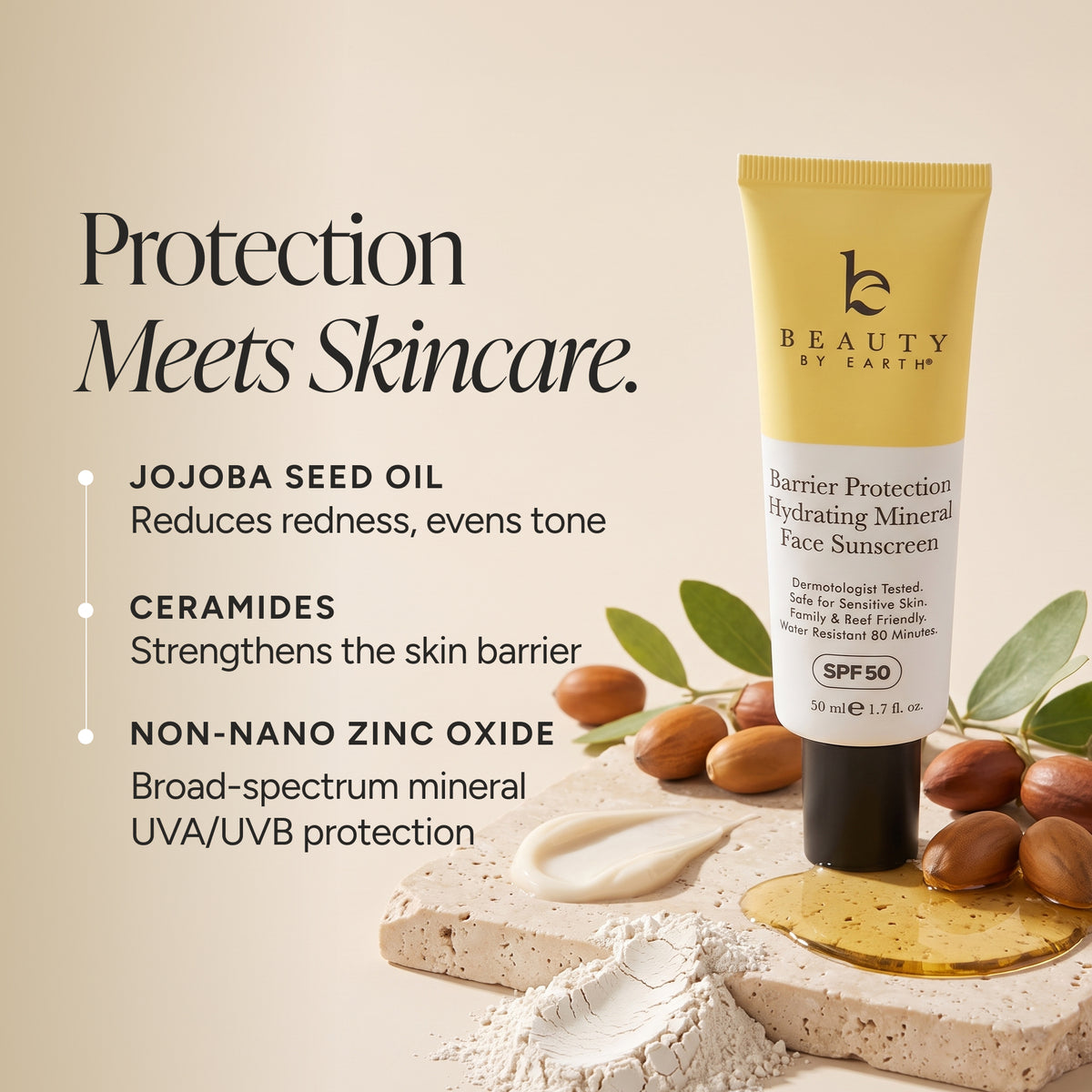 Mineral Face Sunscreen SPF 50 in a yellow and white squeeze tube, styled with jojoba seeds, a gold leaf, and skincare creams on a warm beige background with product benefits text.