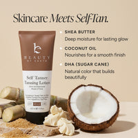 Beauty by Earth Self Tanner Tanning Lotion tube displayed with shea butter, coconut, and sugarcane props on a beige background with product benefits text.