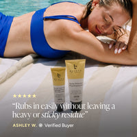 A woman in a blue swimsuit reclines on a striped lounge chair by a pool, with two Beauty by Earth Protection Mineral Sunscreen tubes placed in front. Text overlay includes a five-star rating and a verified buyer quote.