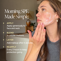 A woman applies sunscreen serum to her face and neck in a home setting, with text overlays reading 'Morning SPF, Made Simple' and instructions on how to apply, blend, layer, and reapply SPF.