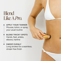 A woman in a white bikini applies tanner with a blending brush to her midsection, with text on the left reading 'Blend Like A Pro.' and bullet points about applying tan, blending tricky spots, and sweeping evenly.