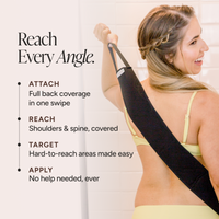A woman using a back applicator with marketing text on the left that reads 'Reach Every Angle' and bullet points about attaching, reaching, targeting, and applying the strap.