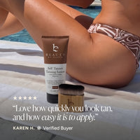 Woman by the pool with a bottle of Self Tanner Tanning Lotion and Blending Brush.