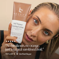 A woman holding a tube of Beauty by Earth Self Tanner Tanning Lotion next to a quote graphic on a warm beige background.