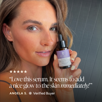 A woman holds a small dropper bottle of facial serum next to her face, with a five-star review quote and the name Angela S. at the bottom.