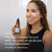 A smiling woman holds a bottle of self-tanning face bronzing mist in a bathroom setting. The image includes a quote from Taylor N.