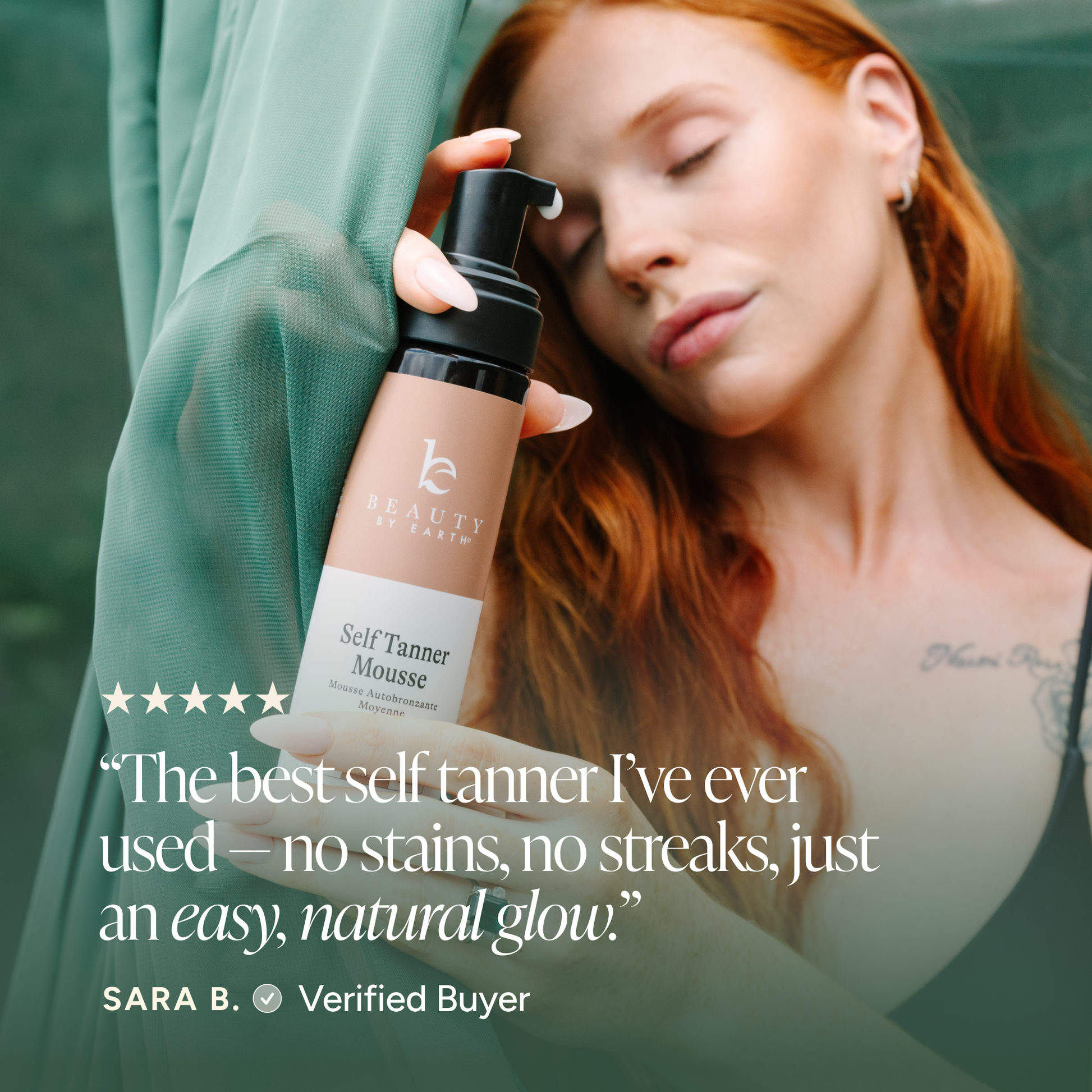 A woman holds a bottle of Self Tanner Mousse. The image features a glowing star rating graphic and a quote from 'Sara B.
