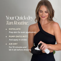 A woman in a black one-shoulder top demonstrates a tan routine, pouring white foam from a bottle onto a black mitt with text instructions on the left side.