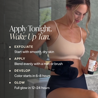 A woman in a beige sports bra and black shorts stands in a bathroom applying a tan body treatment. Text on the left reads 'Apply Tonight.