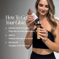  Text on the left reads 'How To Get Your Glow' with bullet points about exfoliating, applying, and developing the product, which is said to give a full glow in 12-24 hours.