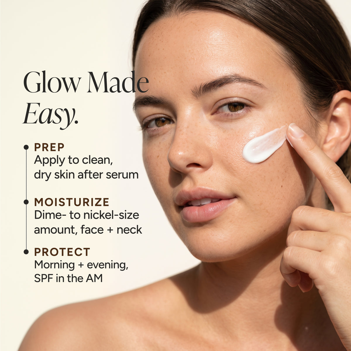 Close-up of a woman applying a white cream to her cheek, with text on the left reading 'Glow Made Easy' and bullet points about prep, moisturize, and protect.