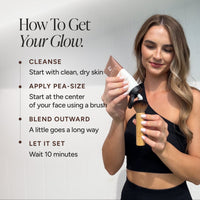 A woman in a black sports bra holds a makeup brush and a white tube while reading an instructional graphic that says 'How To Get Your Glow' with steps for cleanse, apply pea-size amount, blend outward, and let it set.