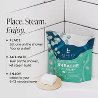 Beauty by Earth Breathe for Relief Eucalyptus Mint Shower Steamers packaging bag displayed next to a soap dish with a bar of soap on a white tiled background, with instructional text on the left.
