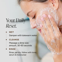 Woman gently cleansing her face with a foaming facial cleanser, alongside a three-step skincare routine: wet skin with lukewarm water, massage cleanser for 30–60 seconds, then rinse and follow with toner, serum, and moisturizer.