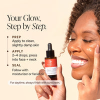 A beauty ad showing a woman with radiant skin next to a small dropper bottle labeled Beauty by Earth Vitamin C Serum. Text on the left reads 'Your Glow, Step by Step.